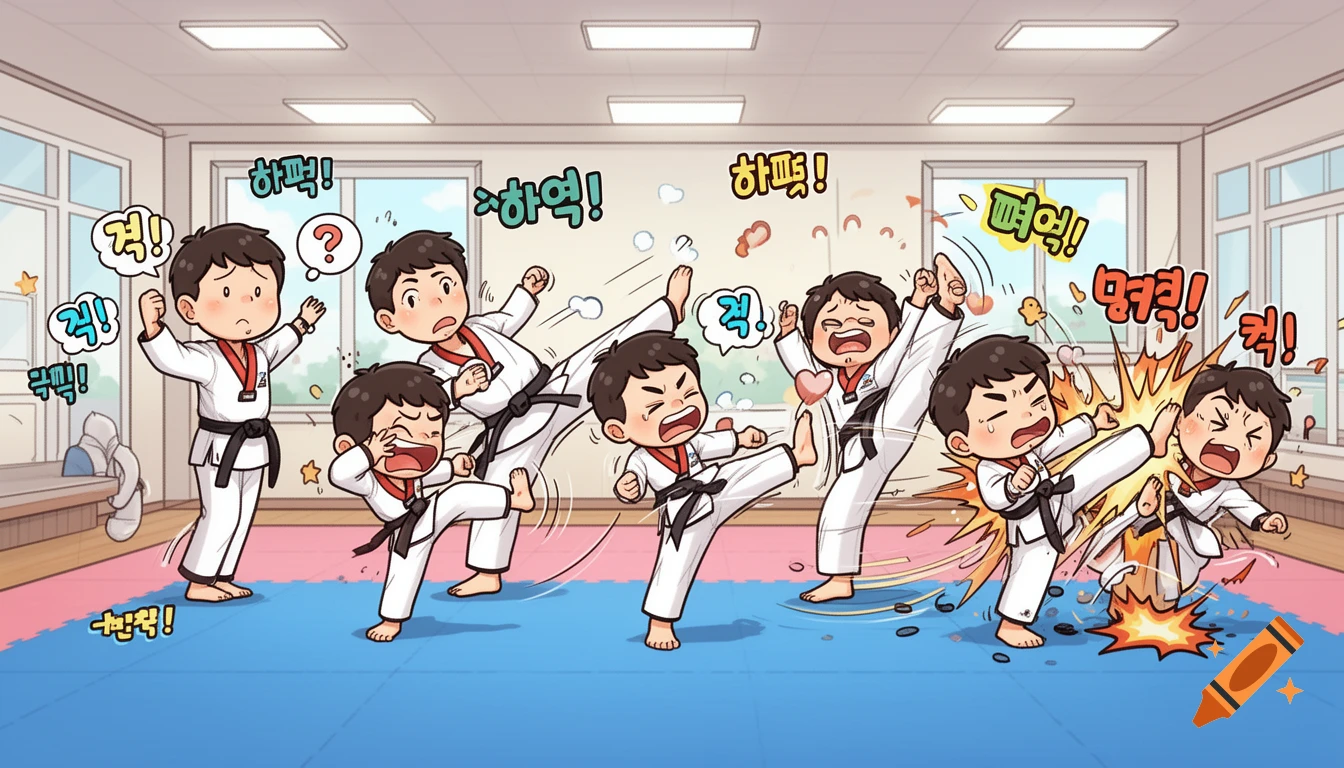 Cartoon illustration of kids in white taekwondo uniforms practicing kicks in a dojang, with exaggerated comic expressions and sound effects.