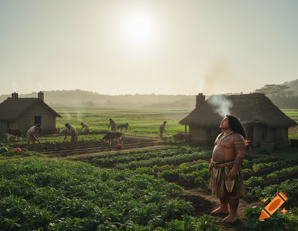 A tattooed man stands in a sunny, misty field, observing other farmers working the land near traditional thatched huts.