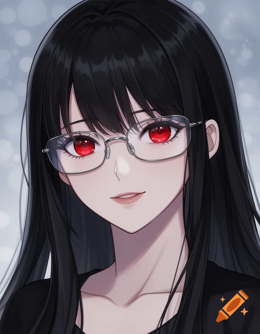 Close-up anime portrait of a young woman with long black hair, glasses ...