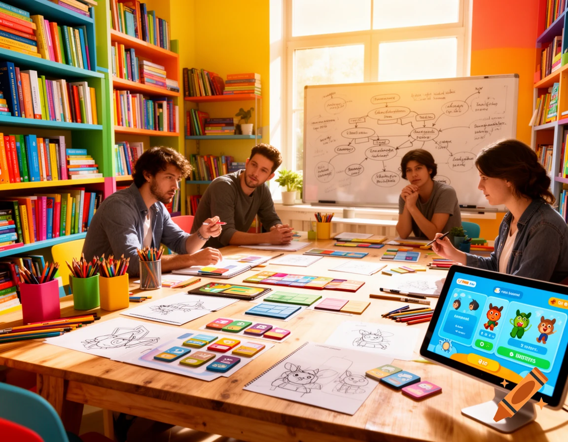 Four people, two men and two women, collaborate around a table in a brightly lit room filled with colorful bookshelves, designing educational games on a computer and whiteboards.