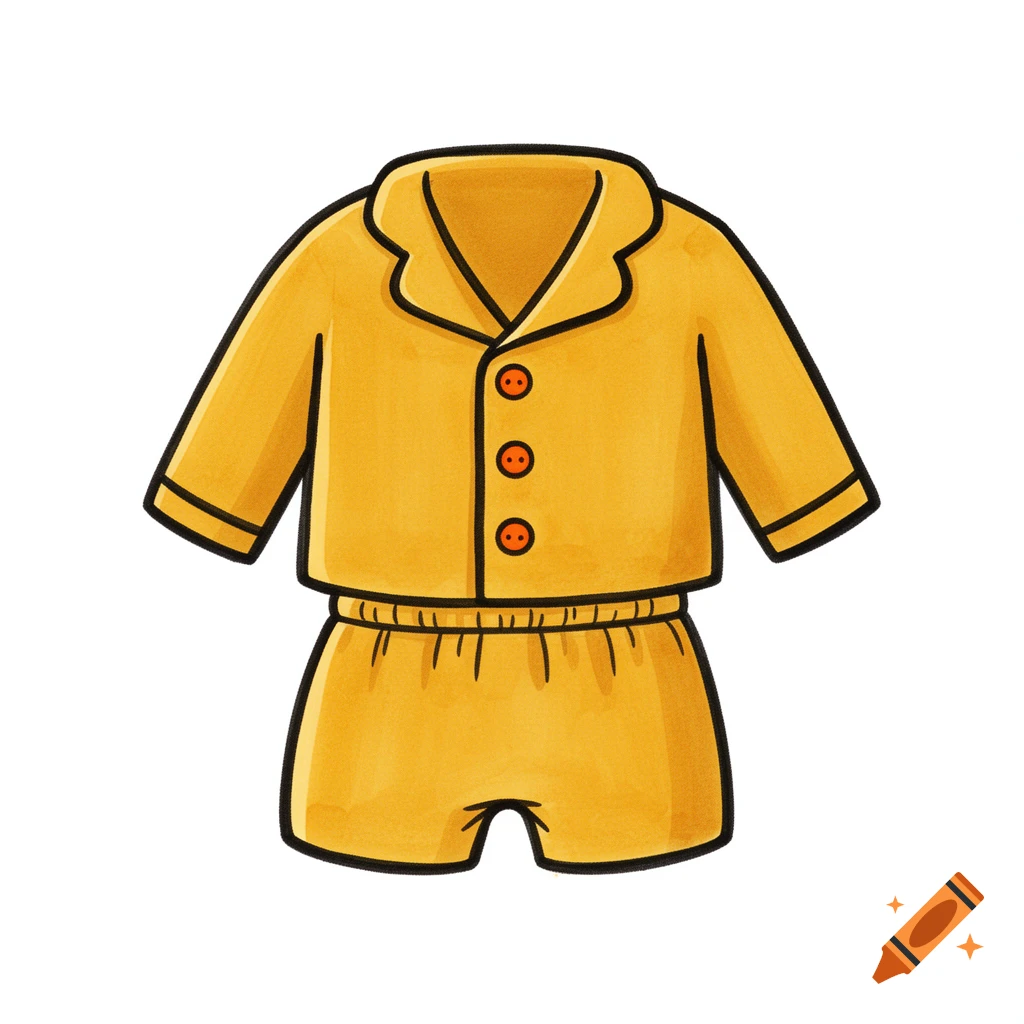 A gouache illustration of a golden yellow pajama set with a V-neck, three orange buttons, elastic waist shorts, and thick black outlines.