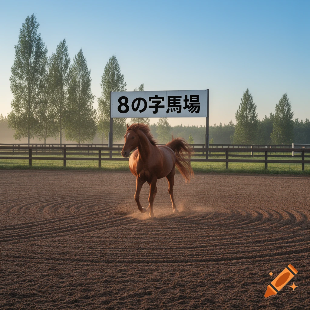A brown horse trots in a dirt equestrian arena with circular patterns, under a sign displaying Japanese text "8の字馬場", with trees and a clear sky in the background.