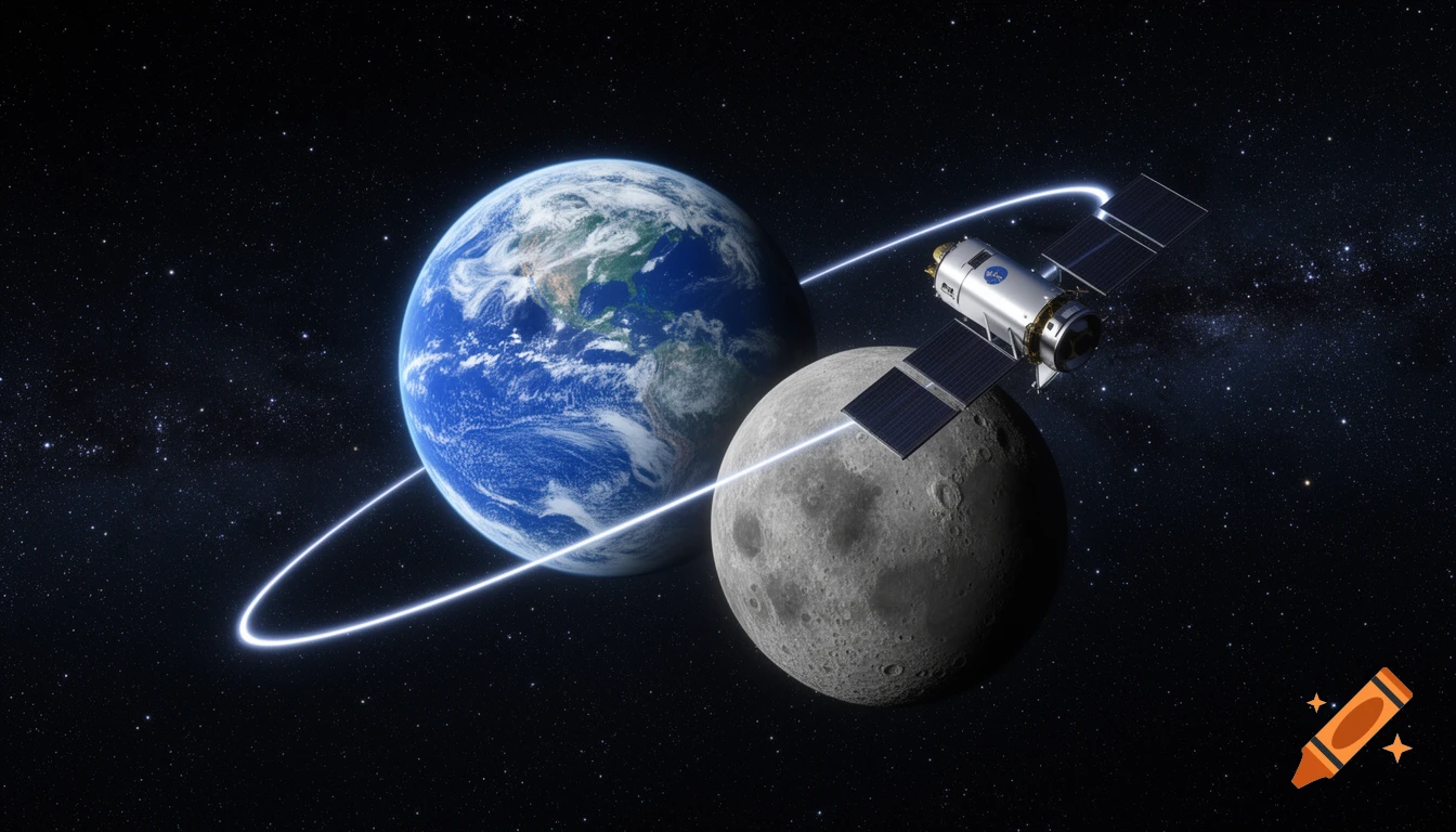 Realistic depiction of Earth and Moon in deep space, with a modern satellite orbiting the Moon on a glowing elliptical path.