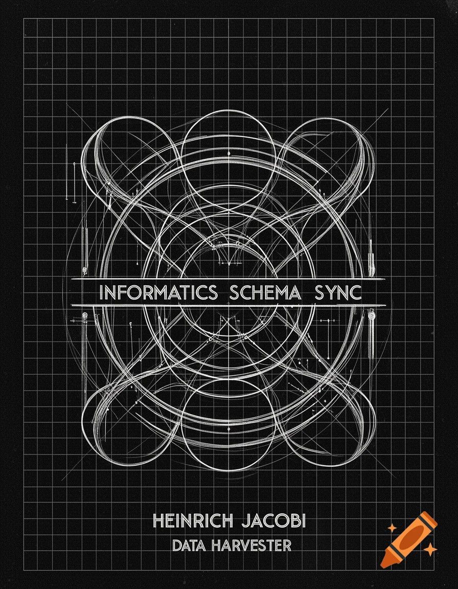 A black and white technical drawing with a grid background and intricate white geometric patterns, featuring text 'INFORMATICS SCHEMA SYNC', 'HEINRICH JACOBI', 'DATA HARVESTER'.