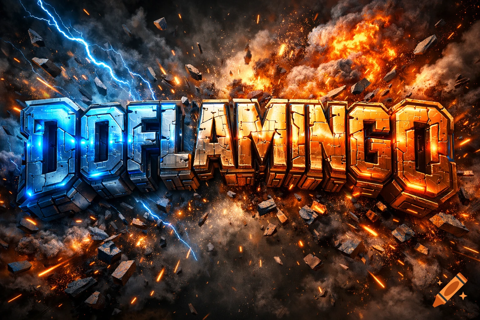 3D logo for 'DOFLAMINGO' in blue and gold, with metallic texture, shattered parts, lightning, and explosive debris.