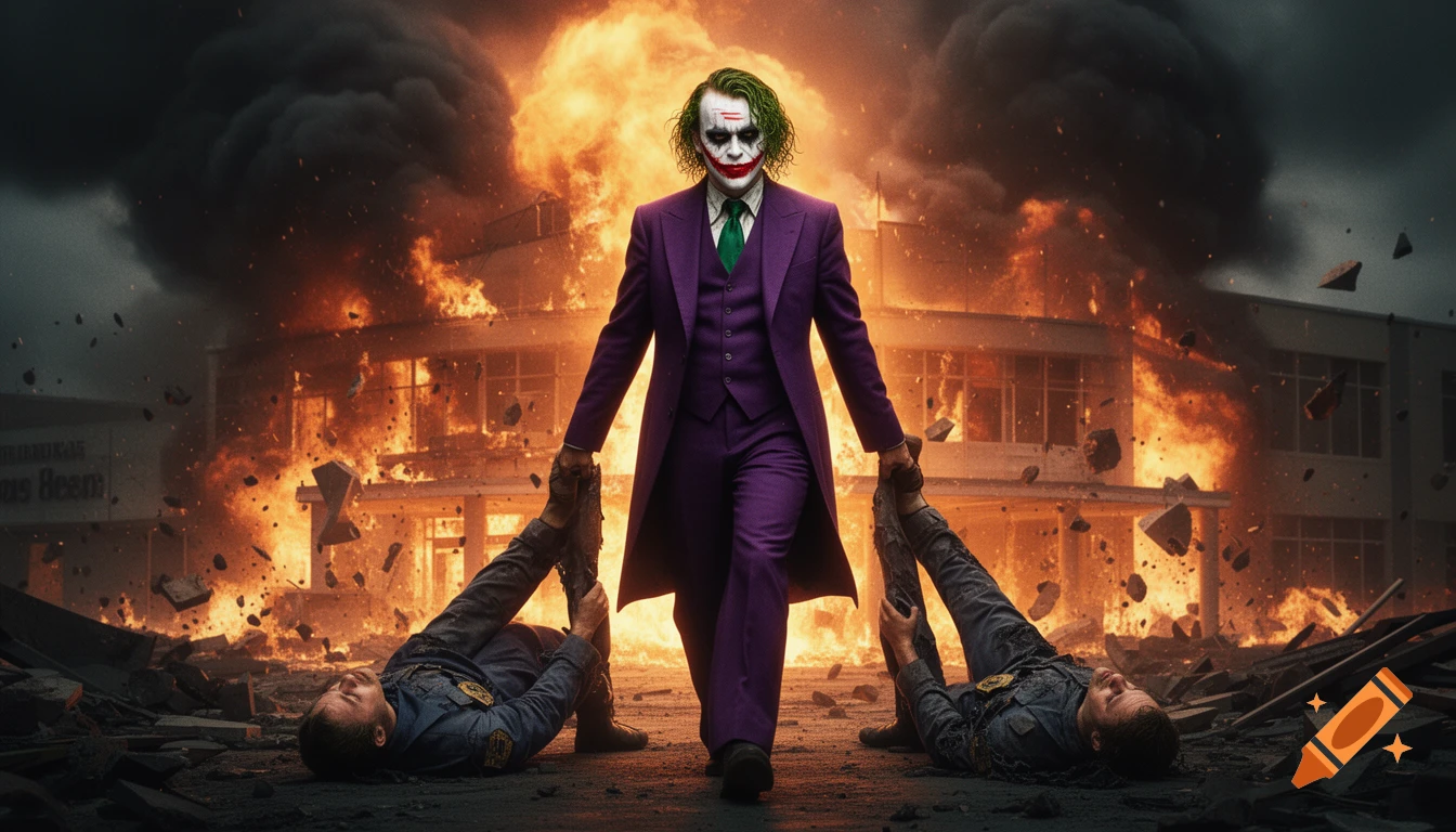 The Joker in a purple suit walks from an exploding building, dragging two police officers by their ankles through debris.