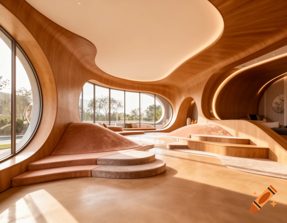 A futuristic residential interior with warm wooden curved walls, large windows, and soft, stepped seating areas.