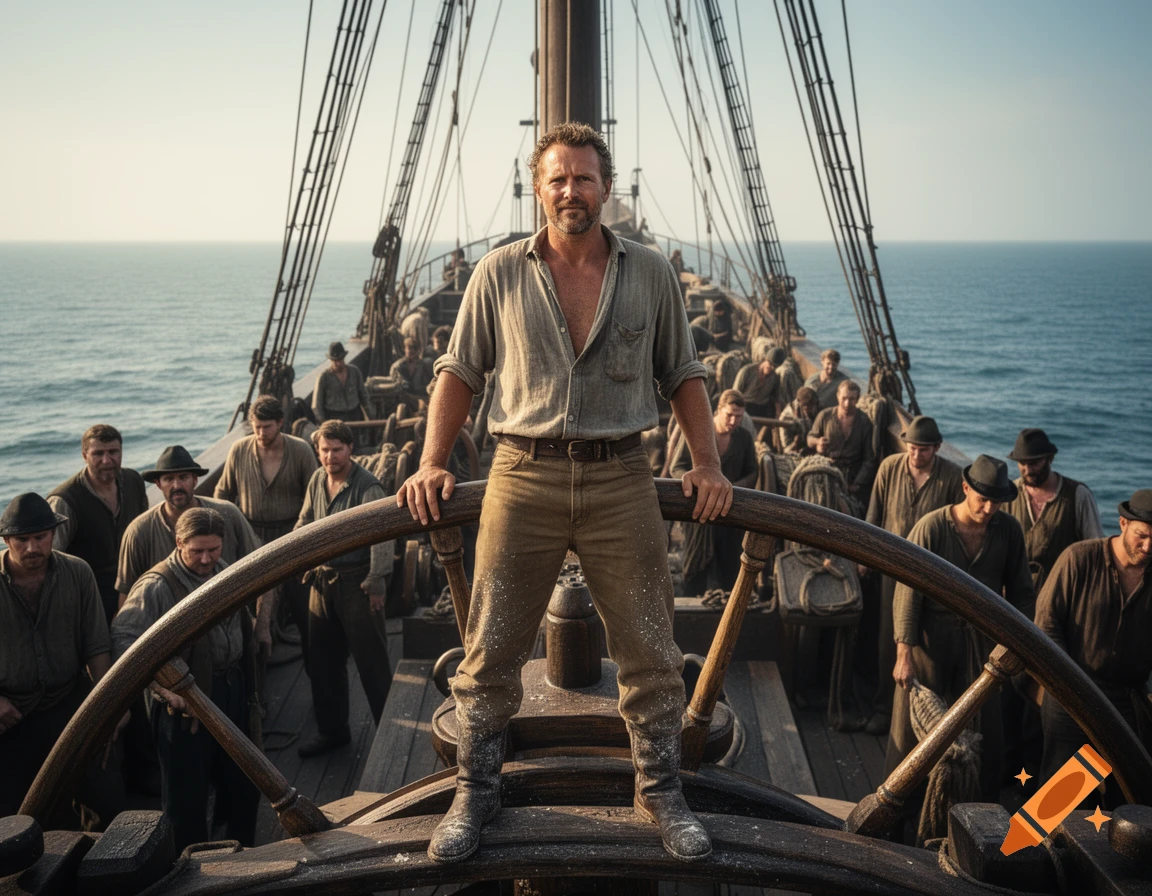 A rugged man stands on the deck of an old sailing ship, hands on the helm, looking forward with his crew behind him, photorealistic.