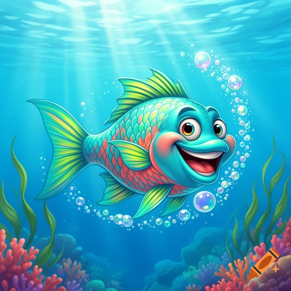 A vibrant, smiling cartoon fish with colorful scales swims among coral and bubbles in the clear blue ocean with sun rays.