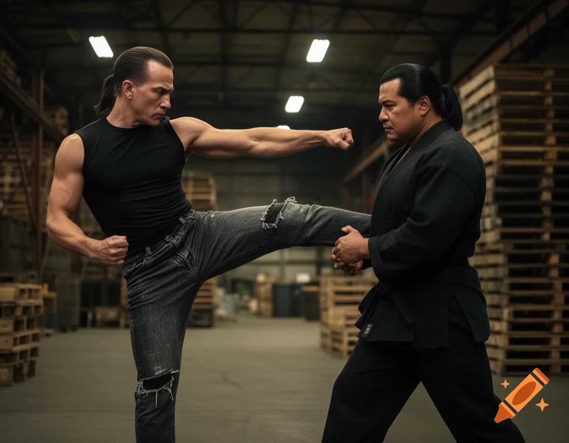 A photorealistic image of a man resembling Jean-Claude Van Damme delivering a high kick to a man resembling Steven Seagal in a warehouse.
