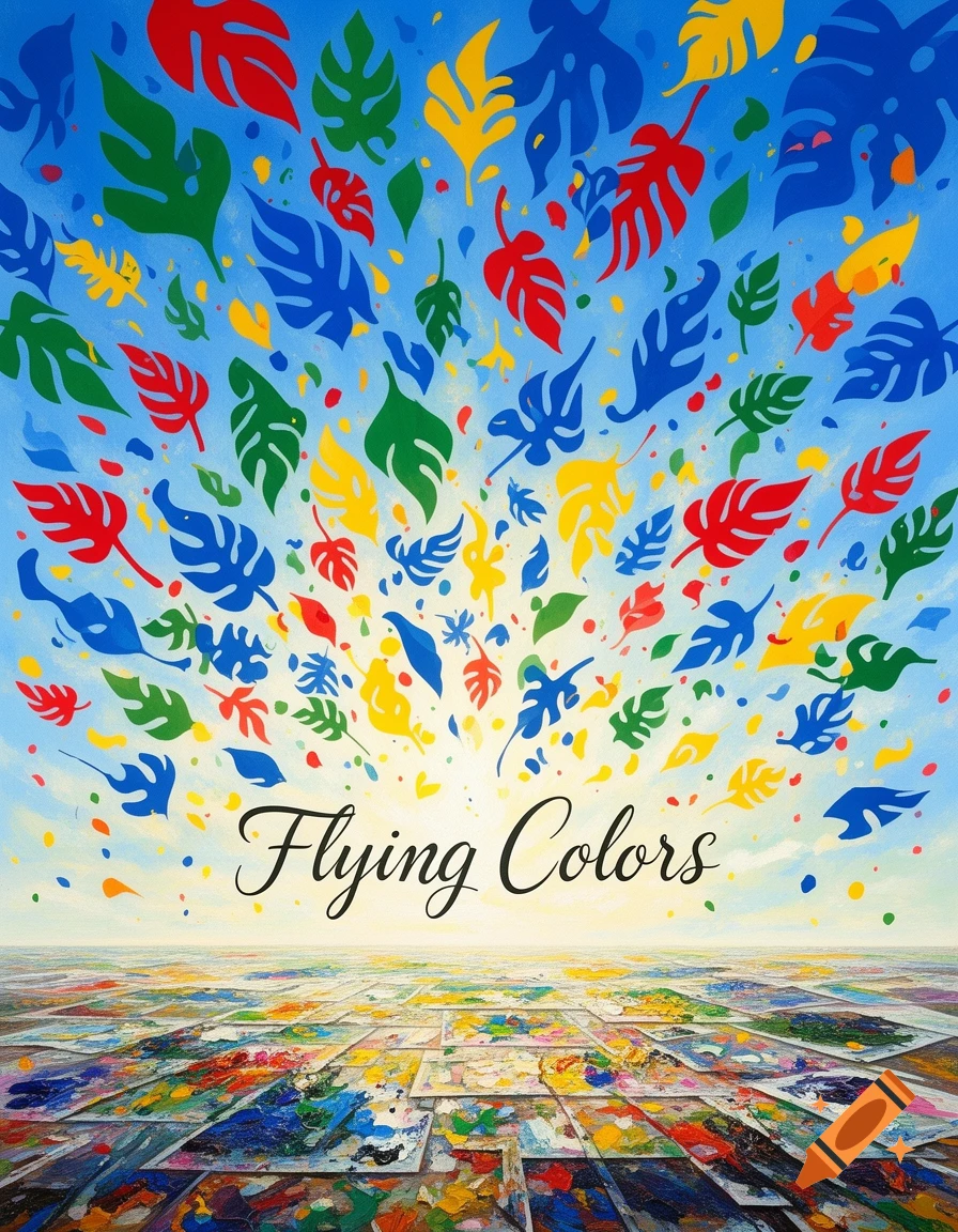 Vibrant abstract digital painting with numerous red, blue, green, and yellow leaves floating upwards from a horizon of colorful paint swatches, under a bright blue sky, with the words 'Flying Colors' in the center.