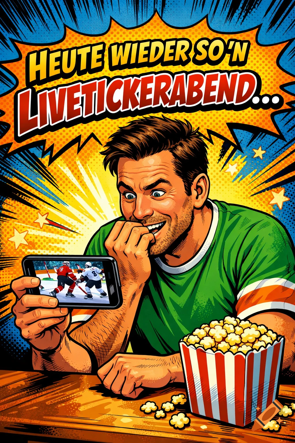 A man in a green shirt eagerly watches ice hockey on his phone, biting his nails, with popcorn, in comic book art style.