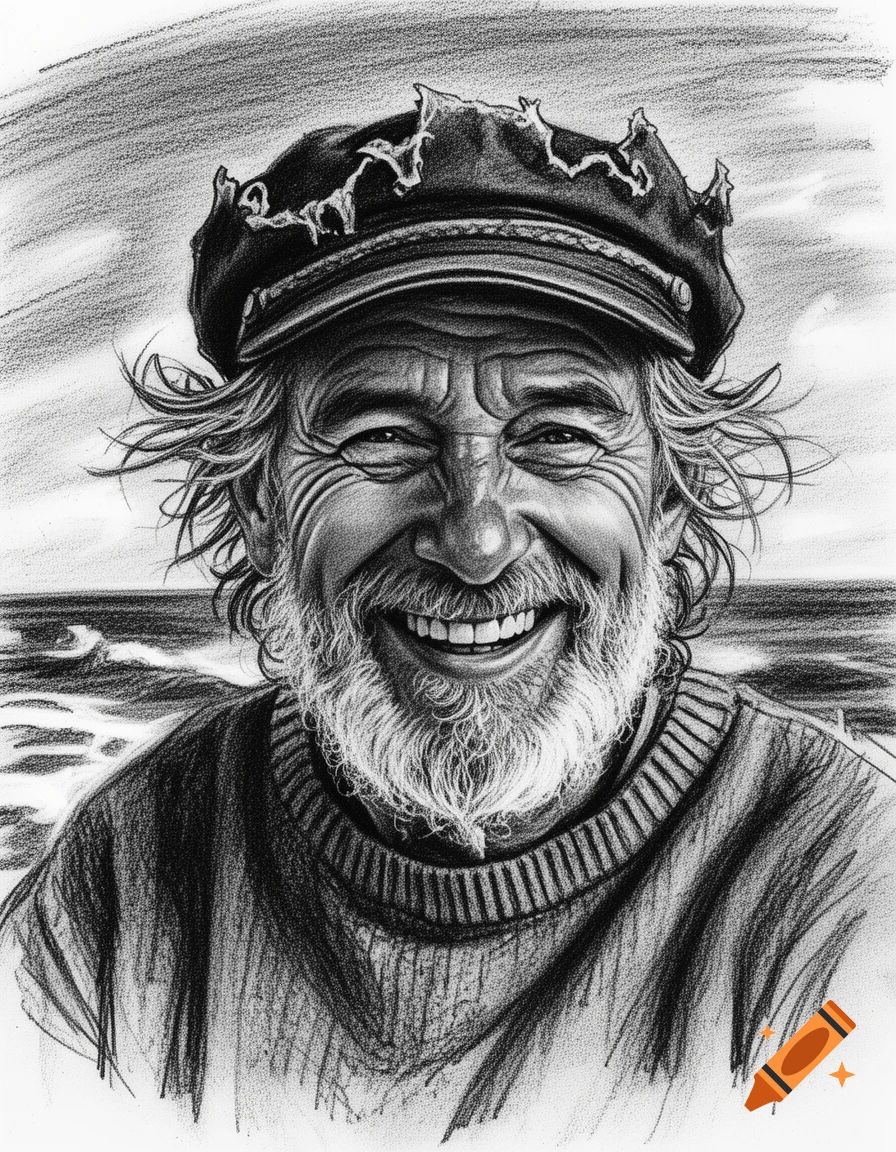 Rough charcoal sketch of an old, smiling sailor with a beard and a worn cap, with ocean waves in the background.