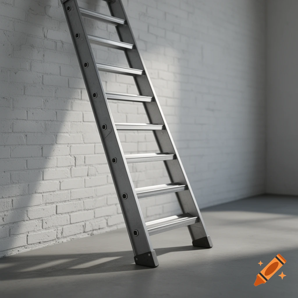A silver aluminum ladder leans against a white brick wall in a room, with shadows on the concrete floor. Photorealistic style.