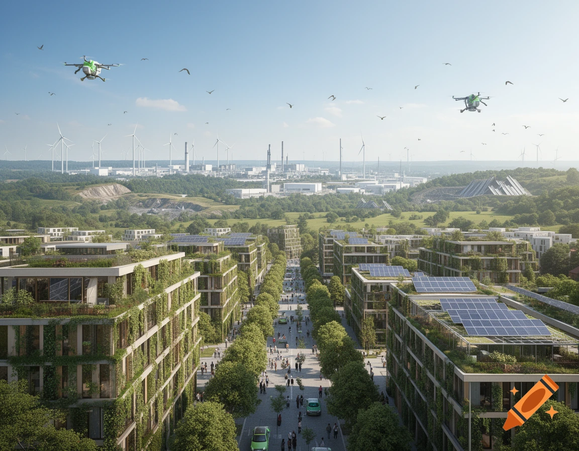 Aerial view of a green, futuristic city with foliage-covered buildings, solar panels, drones, and wind turbines in the distance.