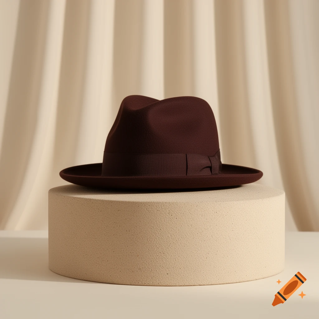 A dark brown fedora hat with a ribbon sits on a beige cylindrical pedestal against a backdrop of draped beige fabric.