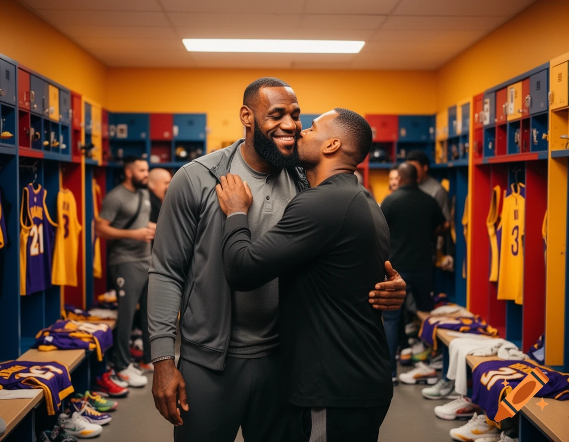 LeBron James smiles as another man kisses his cheek in a colorful locker room with basketball jerseys.