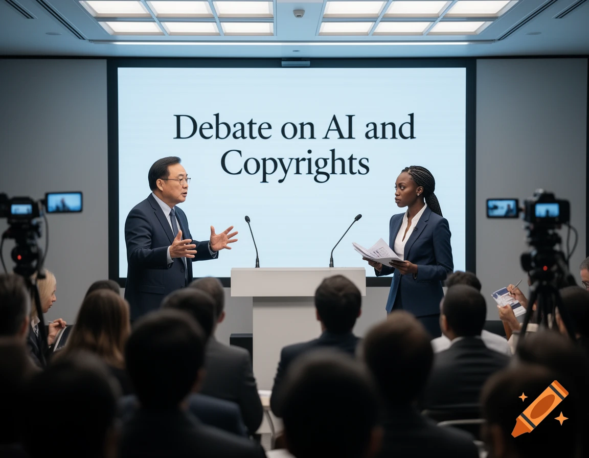 Asian man and Black woman debate 'AI and Copyrights' on a large screen in a modern conference room, observed by an audience.