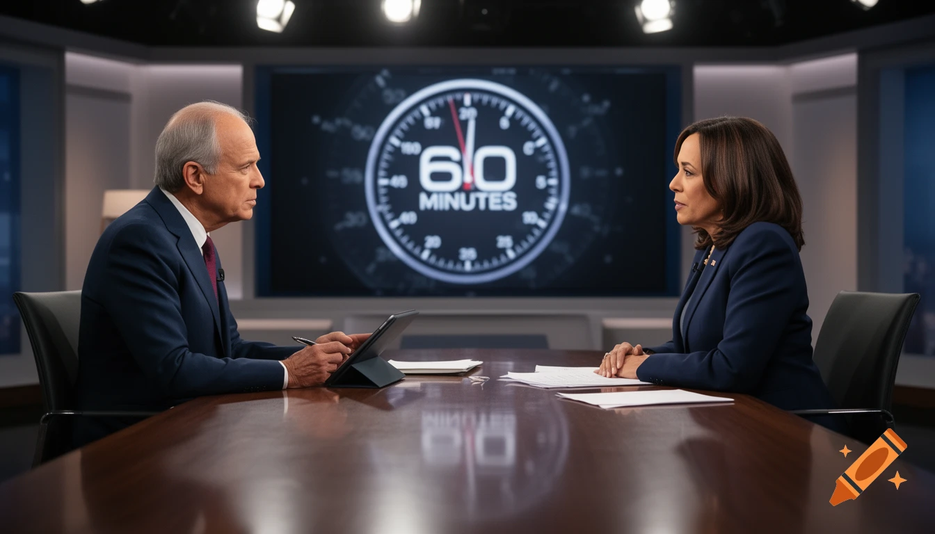 Bill Whitaker interviews Kamala Harris across a desk in a television studio with a 60 Minutes logo screen.