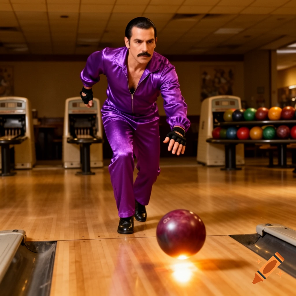 A man resembling Jesus Quintana from The Big Lebowski in a purple tracksuit bowls in an alley, a glowing ball in motion.