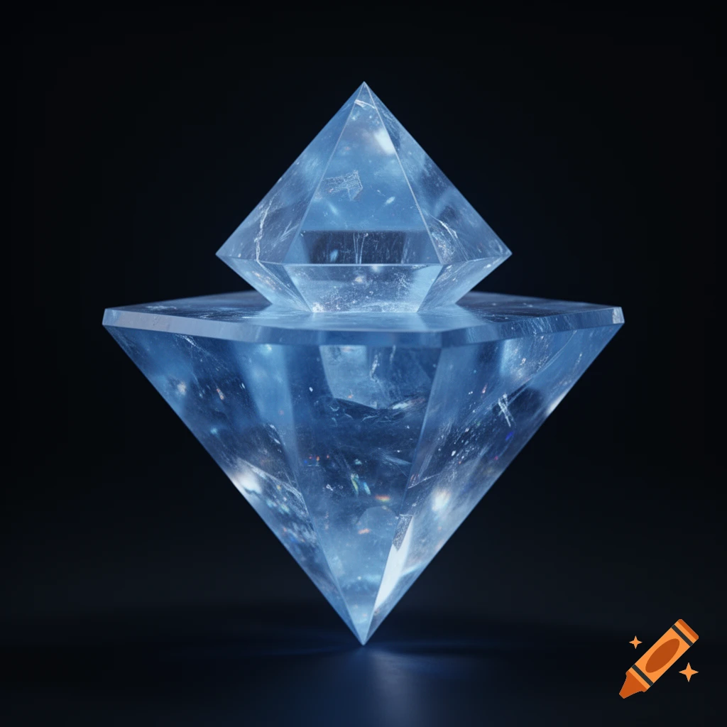 A photorealistic, glowing blue crystal structure: an upside-down pyramid topped with a smaller tetrahedron, against a dark background.