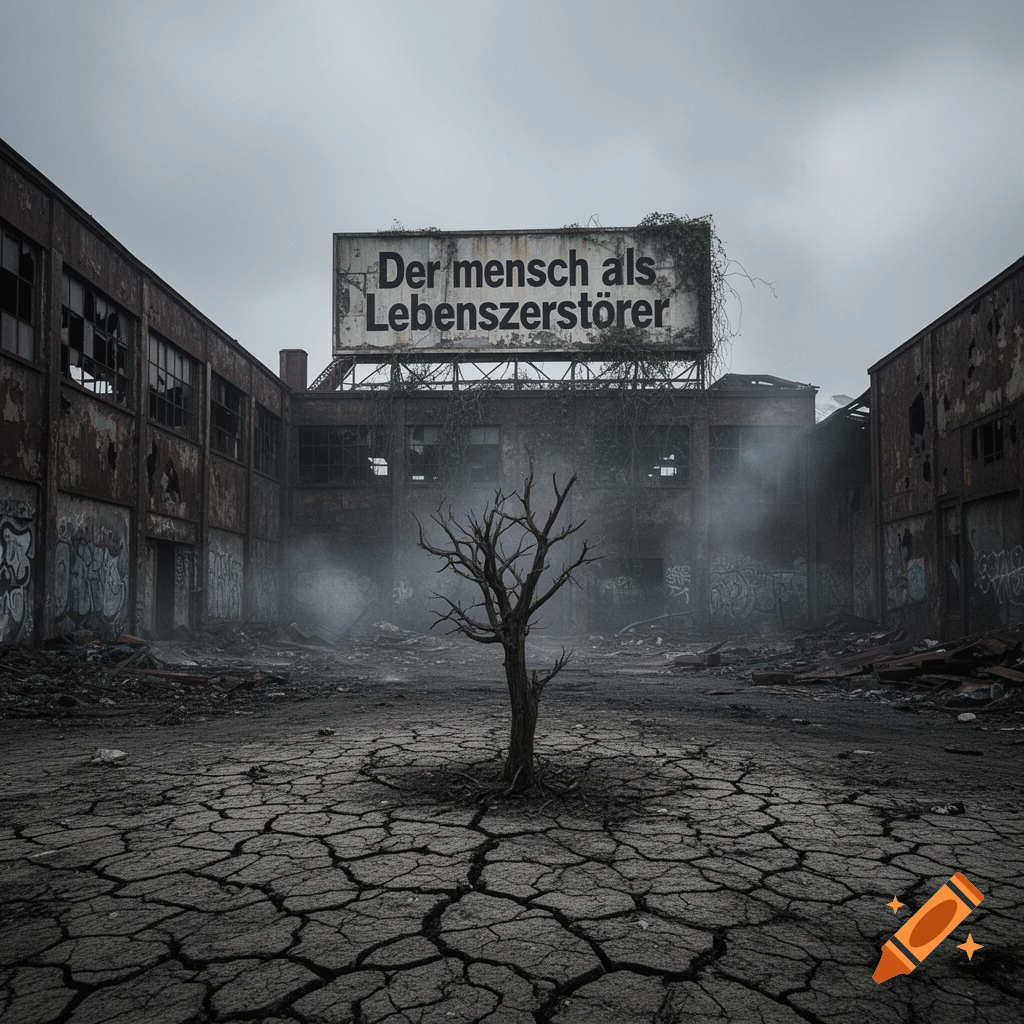 A dead tree stands in a cracked, desolate industrial area, with abandoned buildings and a billboard that reads 'Der mensch als Lebenszerstörer'.