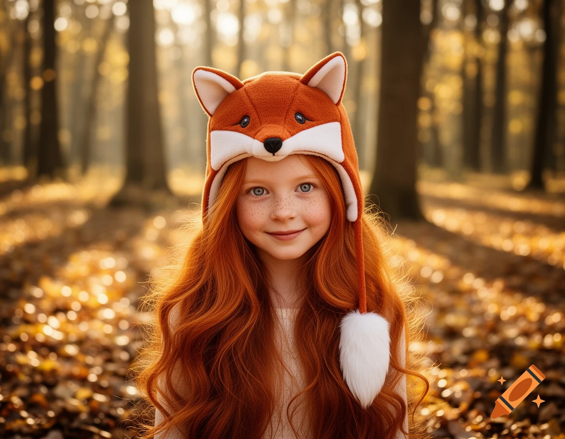A photorealistic portrait of a smiling young girl with long red hair ...