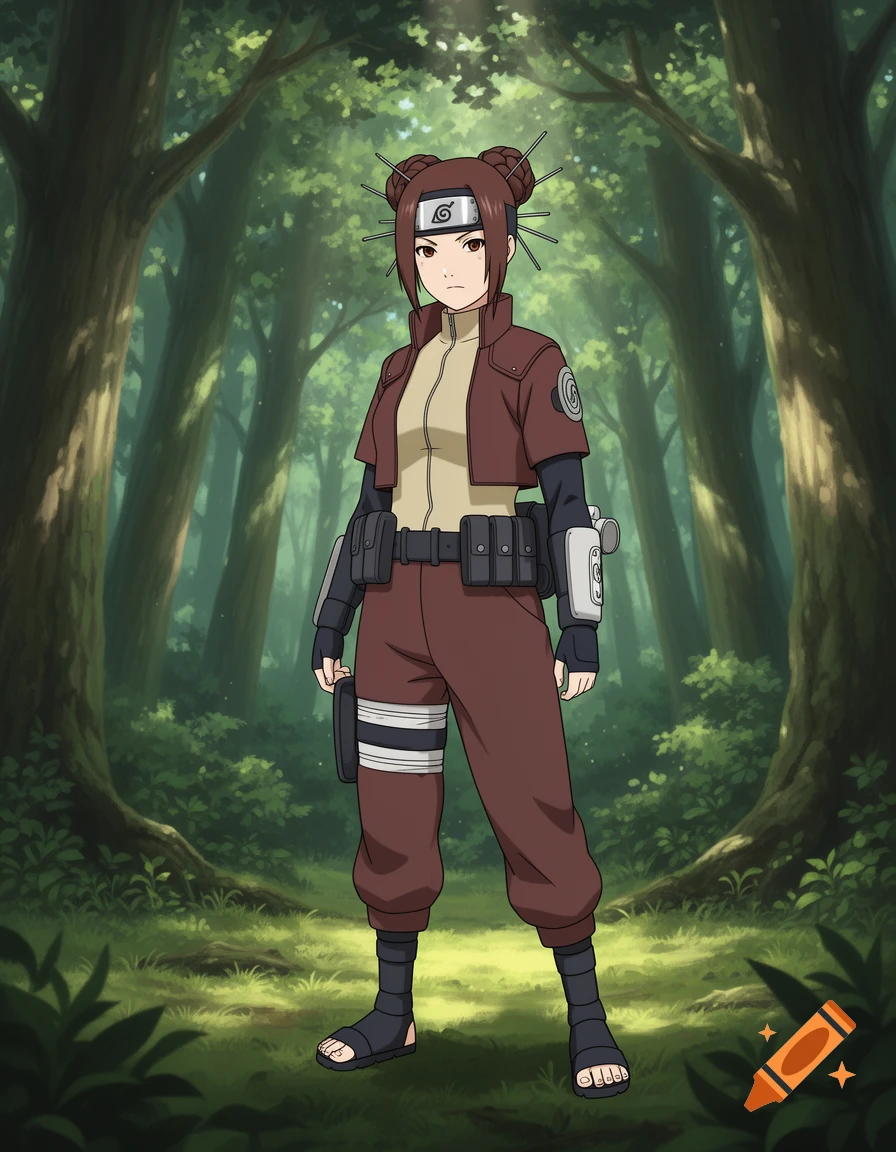 Anime illustration of a kunoichi with brown hair in buns, wearing a brown ninja outfit and Leaf Village headband, standing in a forest.