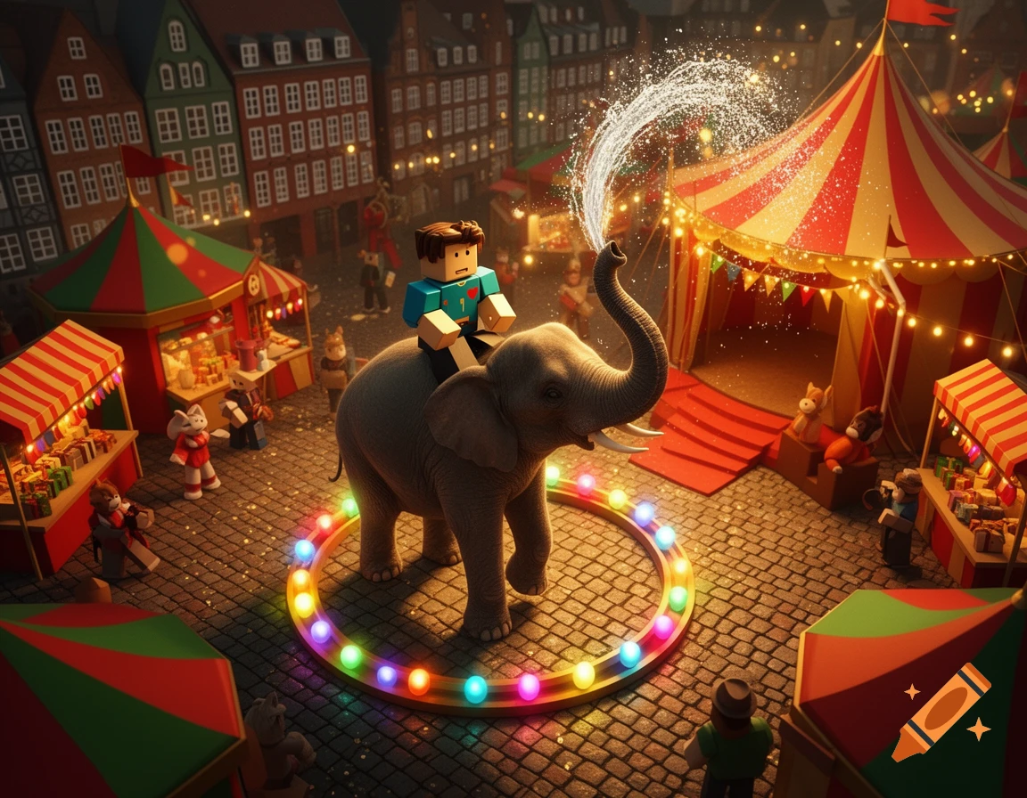 A Roblox character rides an elephant spraying water from its trunk, surrounded by circus tents and colorful lights in a cobblestone town square.