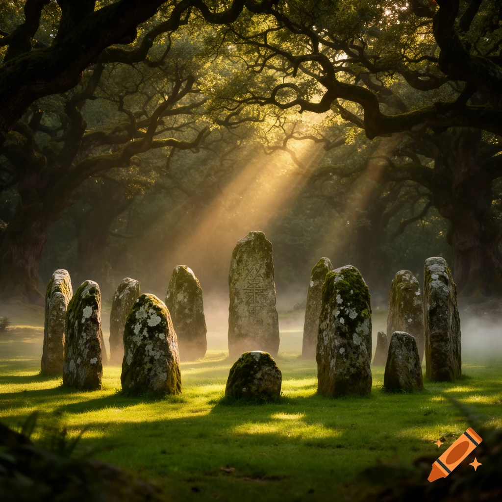 Sunlight streams through a dense forest onto a mystical ring of moss-covered standing stones shrouded in mist.