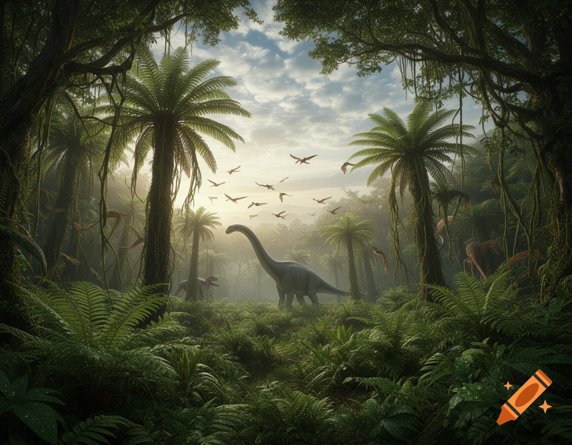 A towering long-necked dinosaur in a misty, lush prehistoric jungle with ferns and palm trees, pterosaurs fly under a cloudy sky.