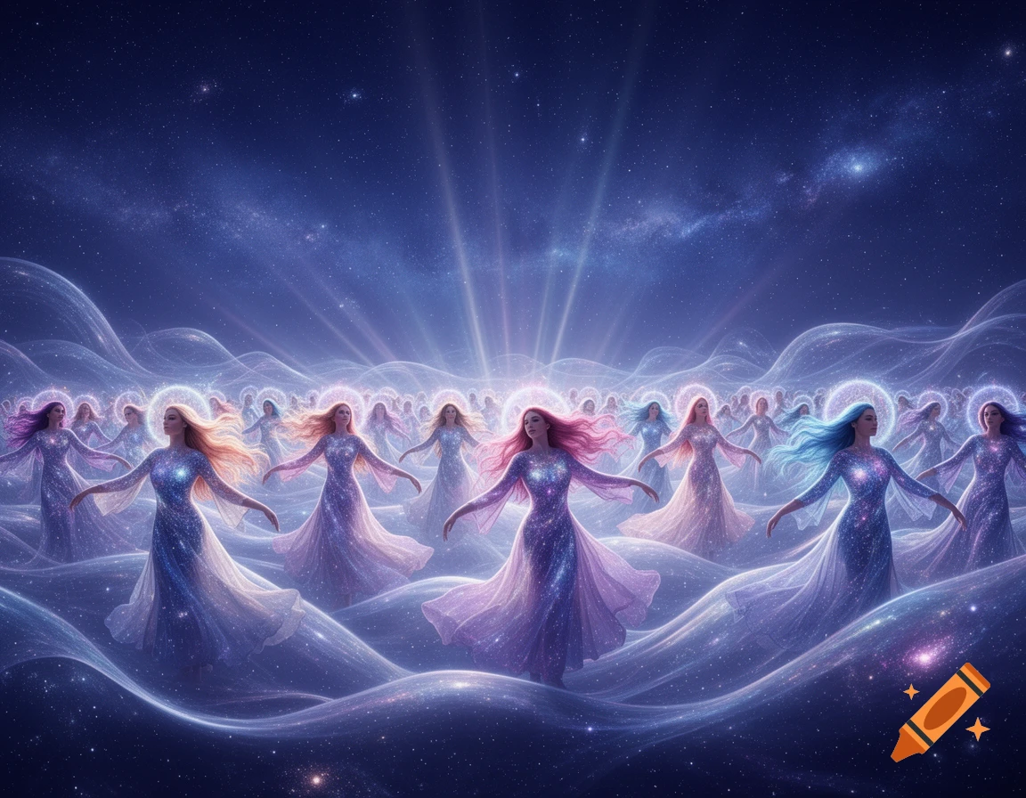 Many women in shimmering gowns dance on glowing, ethereal waves under a starry night sky with cosmic light beams.