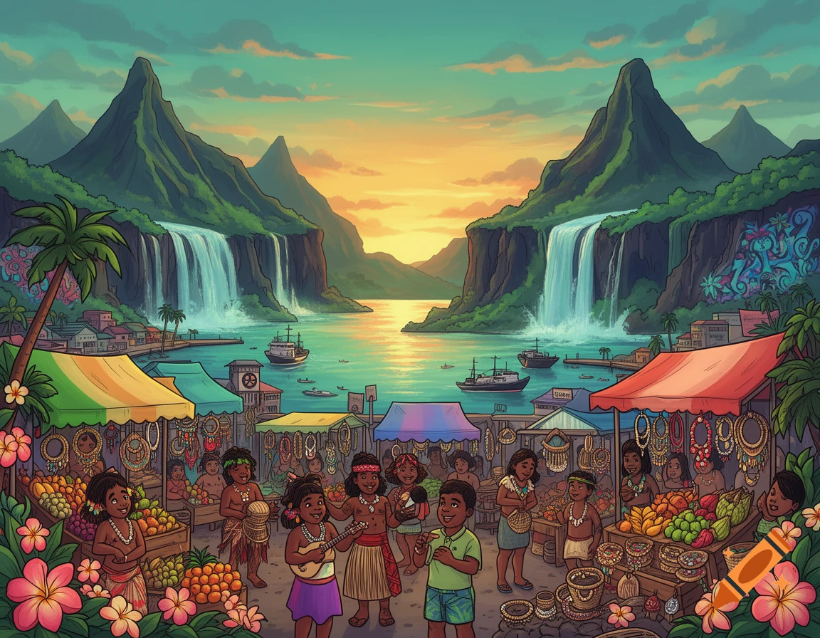 A vibrant cartoon illustration of a bustling market on a tropical island with waterfalls, mountains, boats in the bay, and a colorful sunset.
