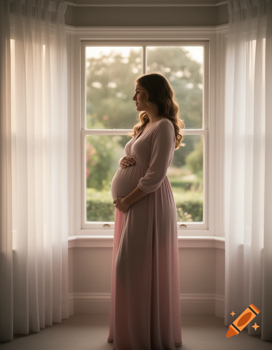 A pregnant woman in a long pink dress stands silhouetted by a large window, gently holding her belly.