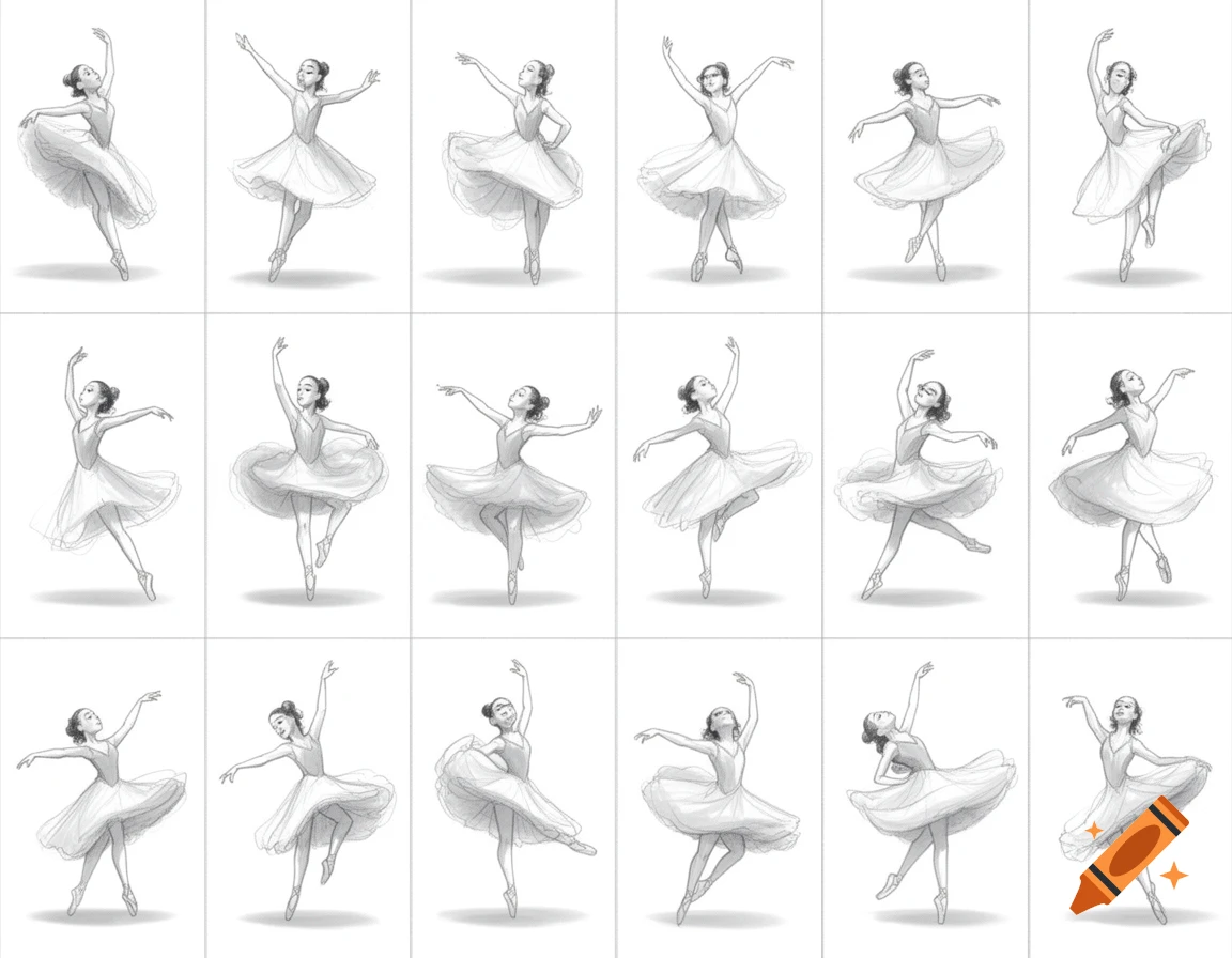 A grid of 15 black and white sketch drawings of a ballerina performing various dance poses.