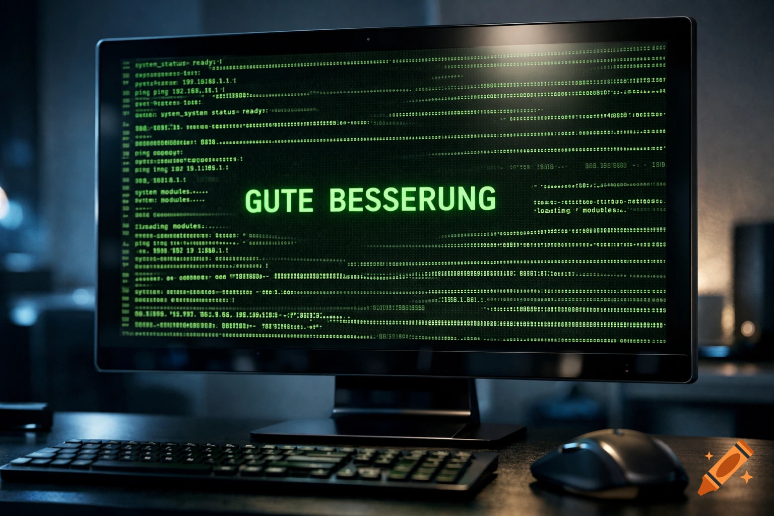 A close-up shot of a computer monitor displaying green code on a black screen, with 'GUTE BESSERUNG' prominently shown.