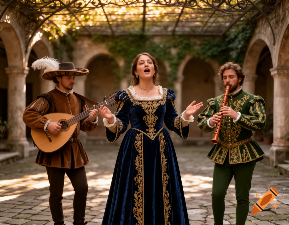 Three musicians in Renaissance attire, a singer, lute player, and recorder player, perform in a sunny, arched courtyard.