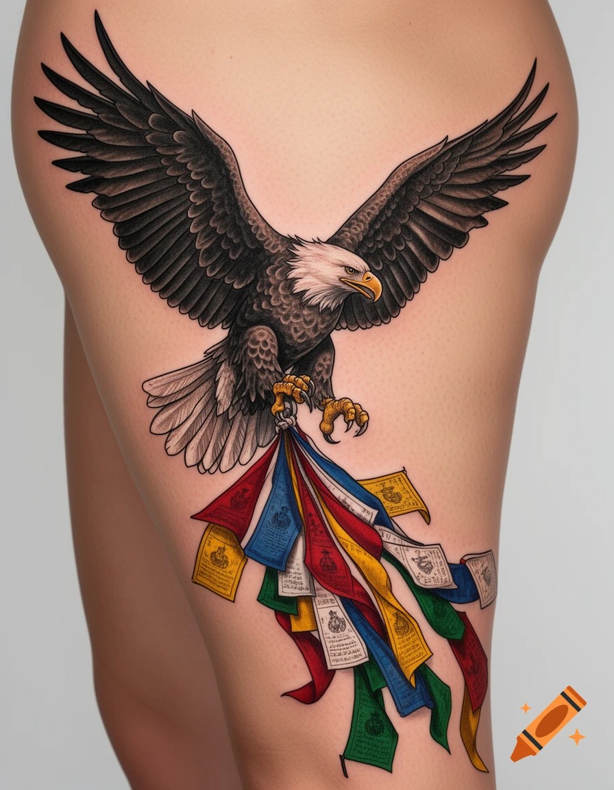 A vibrant tattoo of an eagle with outstretched wings holding colorful prayer flags in its talons on a person's upper thigh.