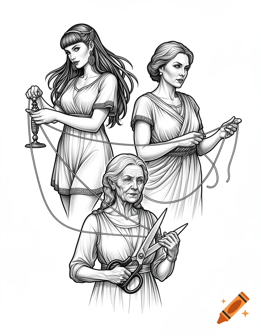 Blackwork fineline sketch of the Three Moirai. A young woman spins thread, a mature woman measures, and an old woman cuts it with scissors.