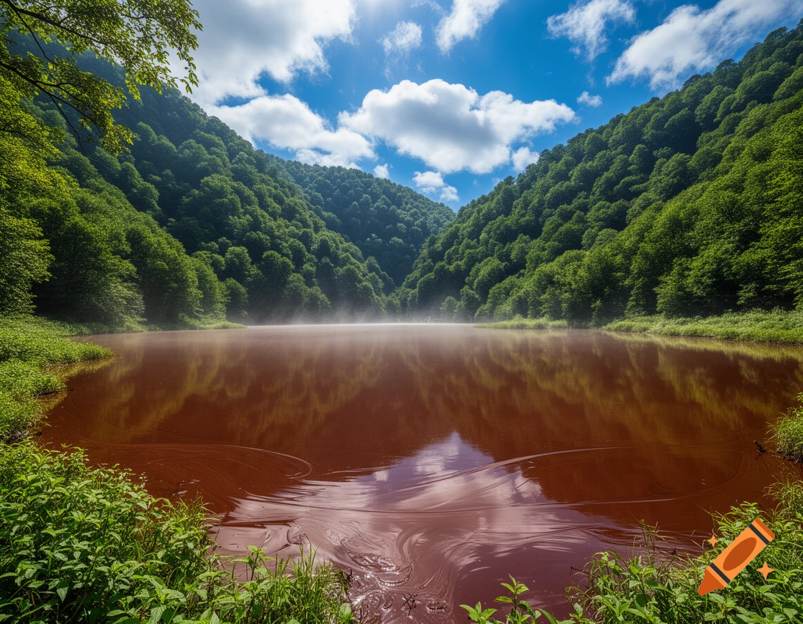 A serene lake with deep reddish-brown water reflects a bright blue sky with white clouds, surrounded by lush green forested hills under sunlight.