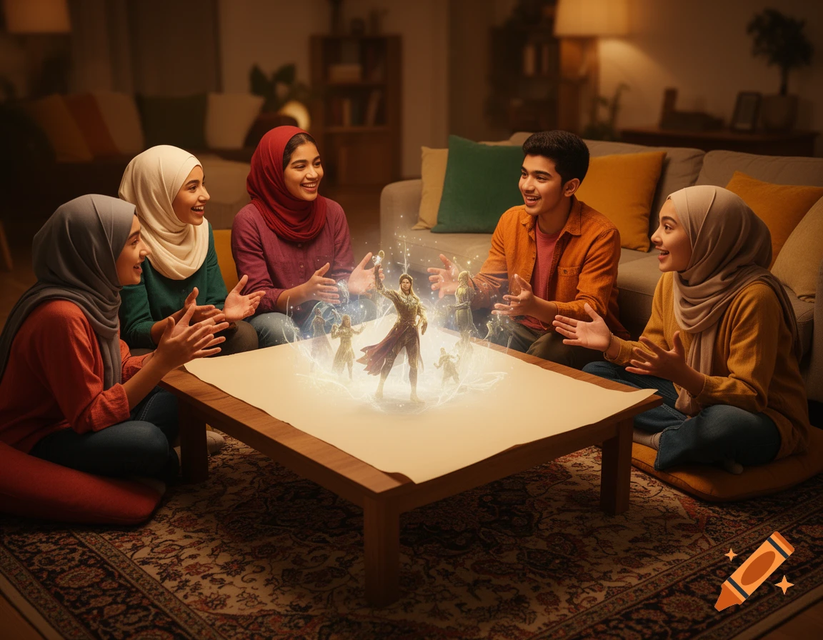 Young friends, some wearing hijabs, sit around a table, mesmerized by a glowing holographic projection of fantasy warriors.
