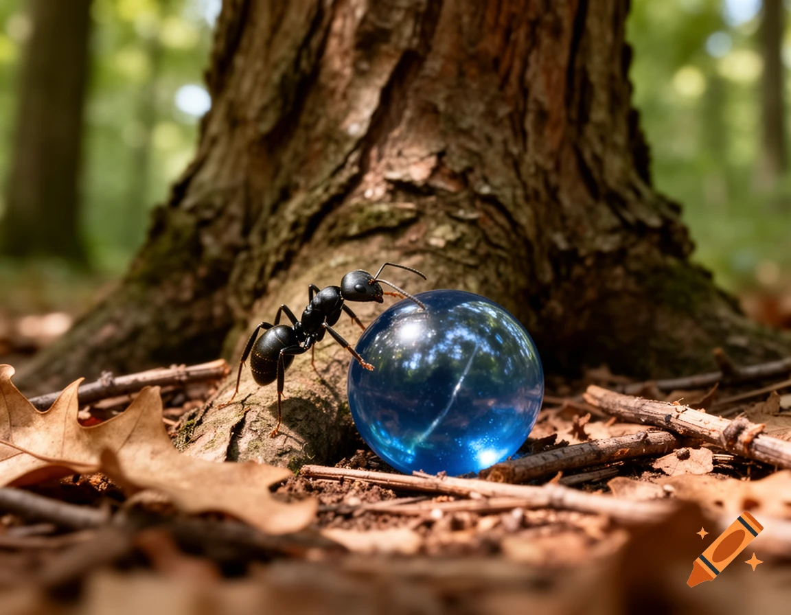 A black ant stands next to a glowing blue marble on a forest floor, with a tree trunk in the background.