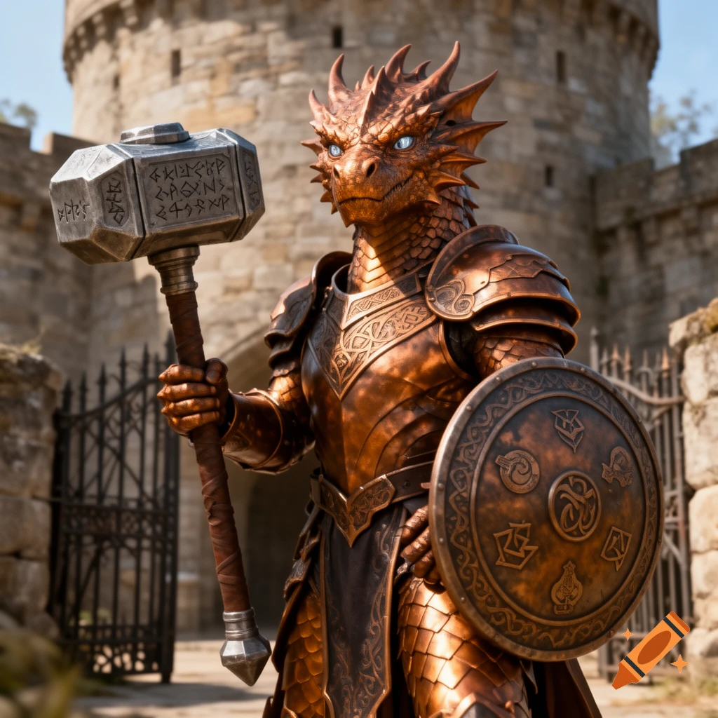 A bronze-scaled Dragonborn paladin in ornate armor stands before a ...