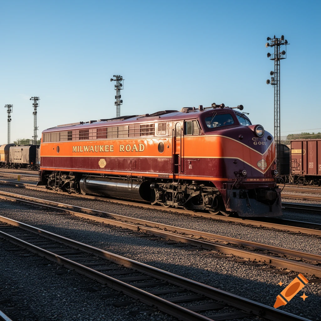A vintage red and orange Milwaukee Road diesel locomotive parked on multiple railroad tracks under a clear blue sky in a railyard.