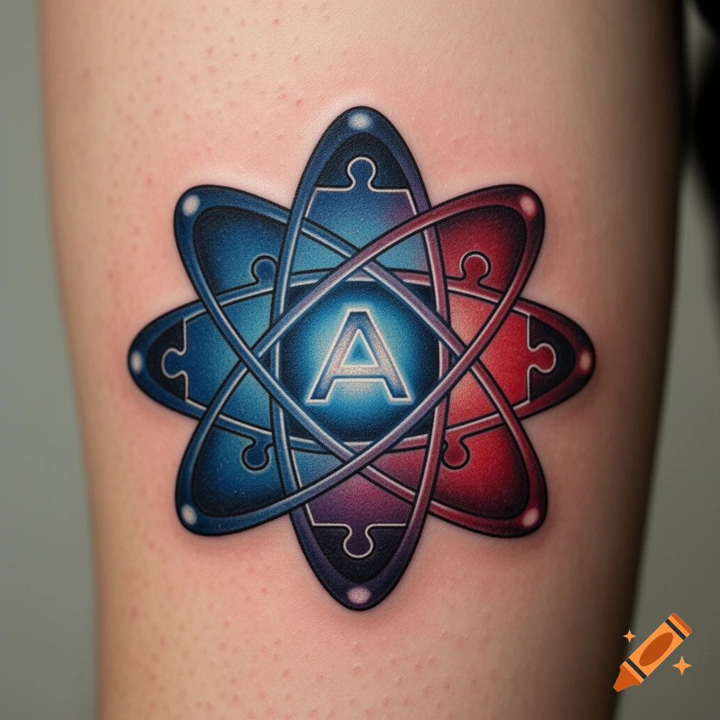 A vibrant tattoo on skin, combining an atom symbol, puzzle pieces, and a central 'A' in blue, red, and purple.