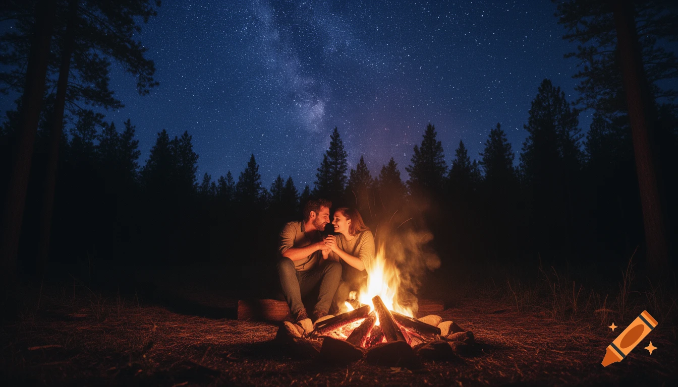A couple sits close by a crackling campfire in a dark forest under a clear, starry night sky.