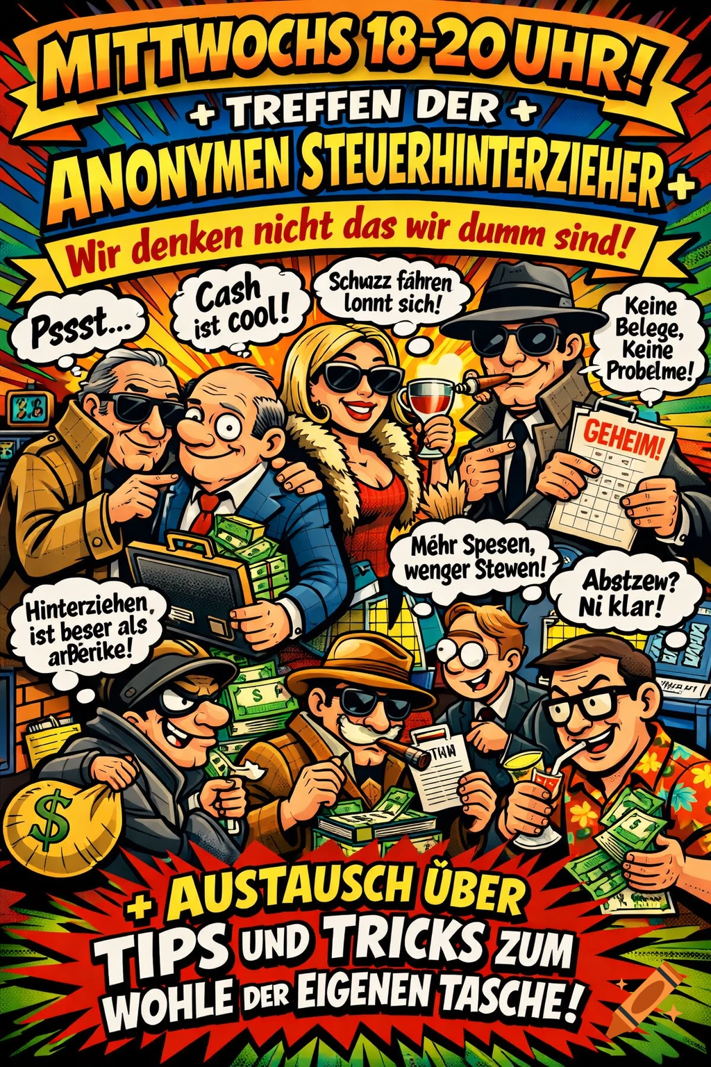 A colorful comic-style poster advertising a meeting for 'Anonymous Tax Evaders', with various cartoon characters exchanging money and tips for tax evasion, featuring speech bubbles with German text.