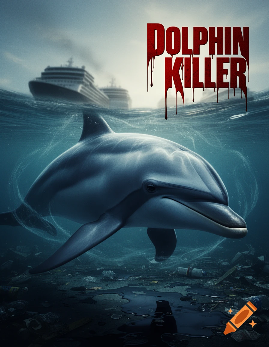 A stylized movie poster showing a dolphin swimming in a polluted ocean, with two cruise ships in the background. The title "DOLPHIN KILLER" is in red, dripping text.