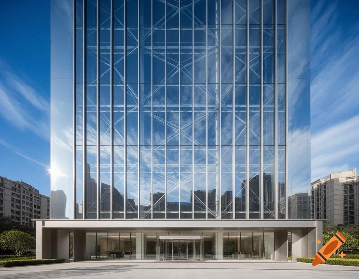 Photorealistic image of the front facade of a modern glass skyscraper reflecting the blue sky and clouds, with a main entrance.