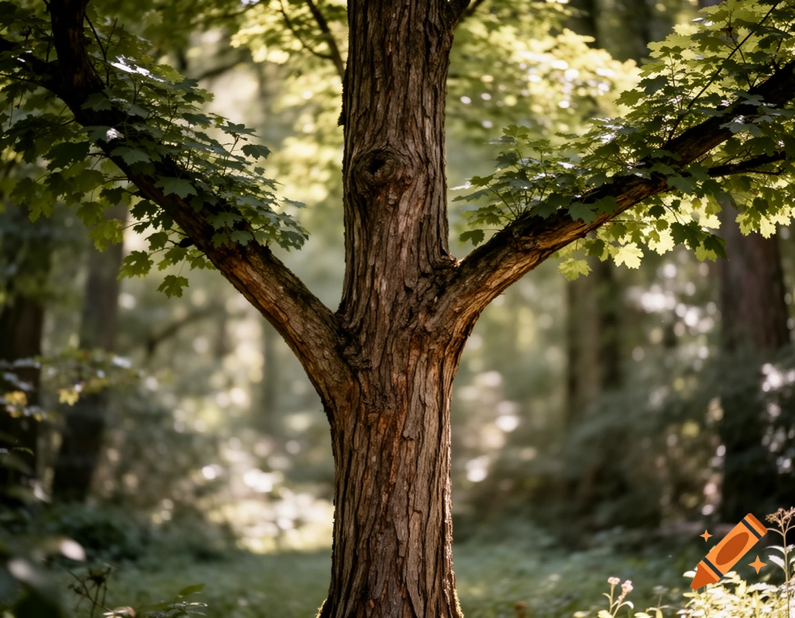 Close-up of a tree trunk splitting into two branches in a sunlit forest, with dappled light on green leaves.
